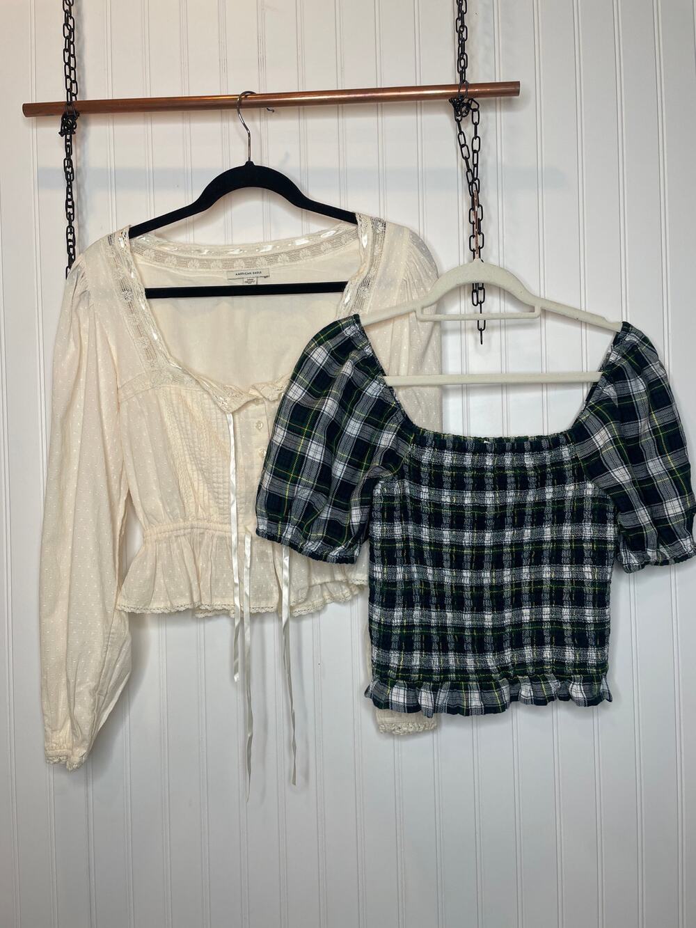 NWT American Eagle Coquette Babydoll Top & Plaid Smocked Top Bundle Size S